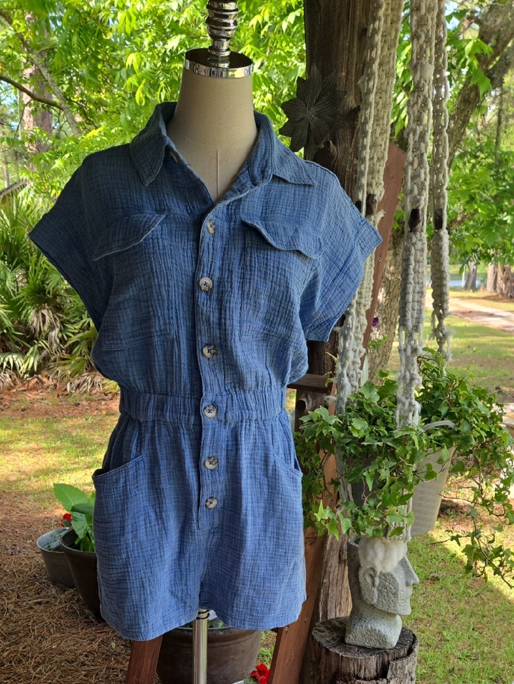 Peach Love Cornflower Blue Gauze Romper Size Small